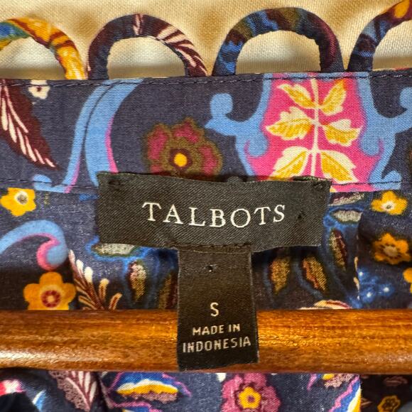 Talbots Women’s S Pleated Sleeve Poplin Top Cotton Floral Medallion Blue Classic - Picture 3 of 10